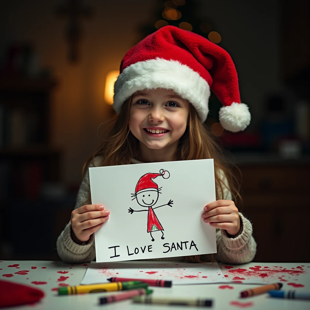  girl sitting in front of a Christmas tree ,  next to Santa Claus and holding a sign that says happy x mas