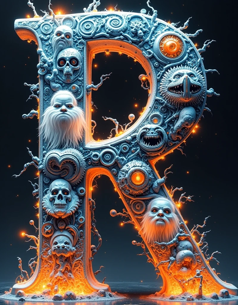 Create a bold and dynamic text design for the word "R" with each letter filled with vibrant and high-Fantasy photography scenes. Incorporate a mix of characters striking magnificent poses, lightning flashing, fire, brimstone and creative studio setups. Highlight the diversity of the fantasy world with a variety of monsters like Orcs, fellbeasts, balrogs and troll as well as hero's with various expressions, epic moments, and behind-the-scenes shots. Use sleek, modern colors that reflect professionalism, creativity, and innovation, integrating camera lenses, softboxes, and fashion accessories within the letters to emphasize the photography and modeling theme. The overall design should feel high-end, artistic, and tailored for a professional audience.