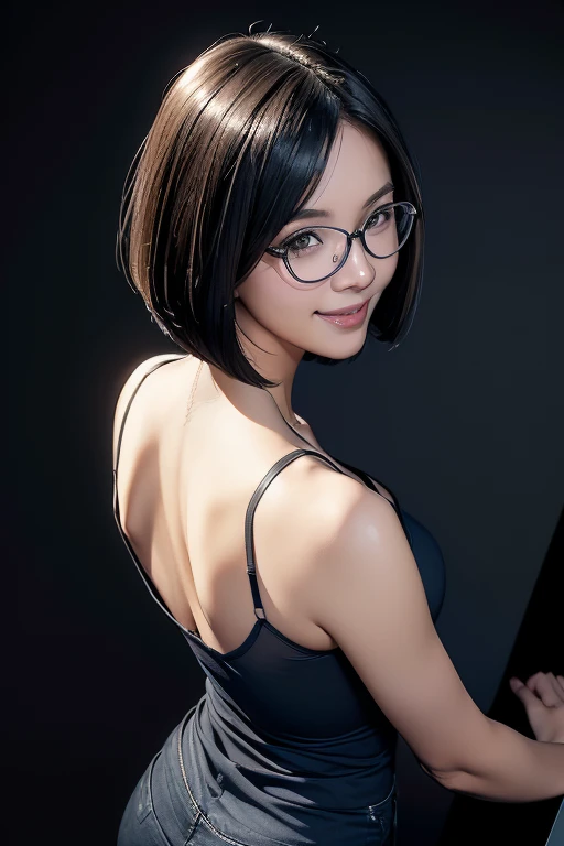 (masterpiece), (8k, best quality, high resolution), (ultra-detailed, realistic), (anatomically correct),  
((from head to thighs)), (Standing), (No background),
(1woman),  (looking at viewer), ((pull the dress up to the navel)), (To show the navel), 
(A Japanese woman, 30 years old and 155cm tall), 
(black hair), (straight hair), (short hair style), ((bob cut)), (hair behind ears), 
(wear glasses), ((black cell frame glasses)), 
((Wear a navy blue spaghetti strap dress)), ((Mini length dress with a simple design and minimal decoration)), 
(wear panties), ((white panties)), 
(Create a detailed image of the eye), 
(Her impression is pure, clean and kind.), 
((A captivating smile, just showing a few teeth.)), 　 
