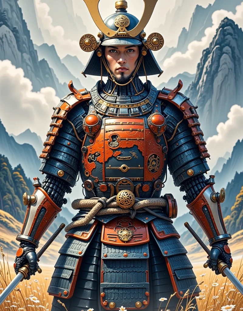 A detailed depiction of a samurai warrior, whose descent is Japanese, is poised mid-battle on the field. They are decked out in their traditional armament: a suit of armor that gleams under the sun, an ornate Kabuto helmet with a distinguishing crest, and a securely gripped Katana sword, ready to serve their master's orders. The warrior, with a determined expression on their face, is male. His armor exhibits intricate designs symbolic of his family crest. Amidst a historical battlefield scene, with tumultuous skies above and a vivid landscape in the backdrop, our warrior stands fervently.