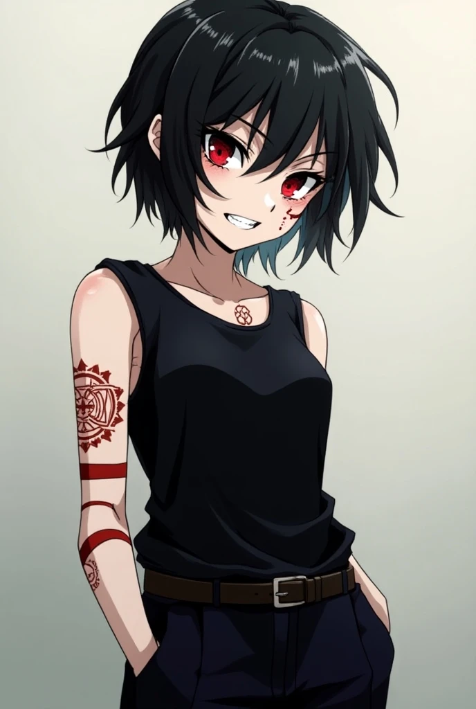 Un personnage dans le style de dessin du manga Jujutsu kaisen. Elle a les cheveux noirs légèrement bouclés. Elle a la peau pâle et des yeux d'un marrons foncés. Elle a un air froid sur le visage, peu aimable mais pas hostile non plus. Elle a des tatouages semblables à des ombres de flammes qui remonte sur son cou. Elle a souvent les cheveux attachés en queue de cheval, laissant des mèches de cheveux retomber sur son visage. Son uniforme de jujutsu High est un sweat shirt oversize qui laisse apercevoir au niveau des trapèze un débardeur en dessous. On a aperçoit le symbole distinctif de l'uniforme Elle a un short large en bas avec des converses noires montantes. Elle fait 1m81. Elle a 21 ans, elle ne ressemble pas à une enfant