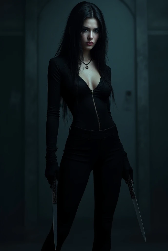 A woman in a revealing deep neck assassin outfit, she got siren like eyes, body covered in blood, got an intense look on her face, grey eyes with a hint of blue in it, dusky skin, her hair opened, she got long wavy black hair