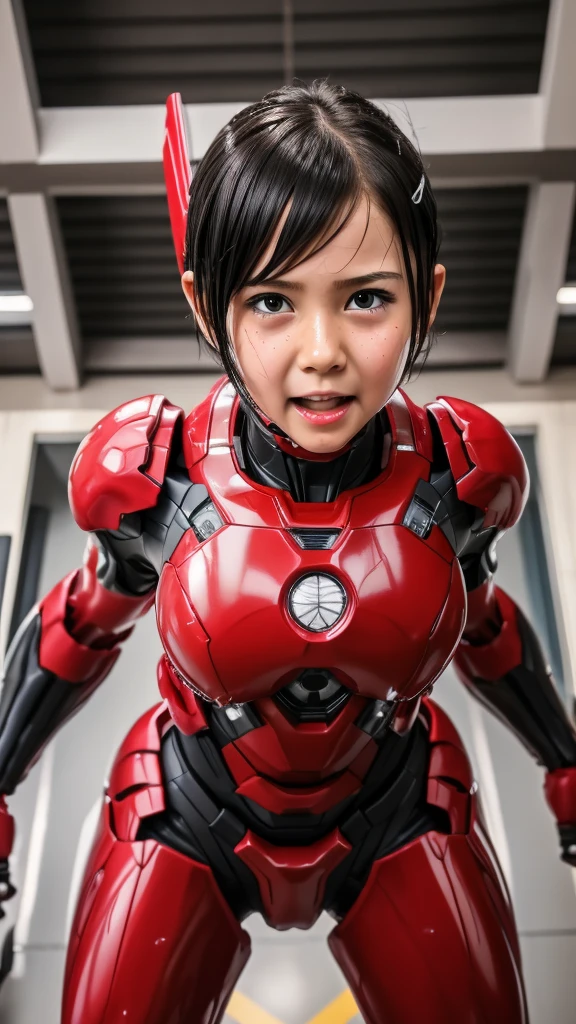 Best Quality　 8k full body red war machine suit girl　Gloss　 elementary school girl 　Sweaty face　cute　 short hair　 boyish　Steam coming out of my head　 My hair is wet from sweat　The feel of black hair　 Full Body Portrait　  erotic expression 　Drooling from the mouth　 look up 　bare hands