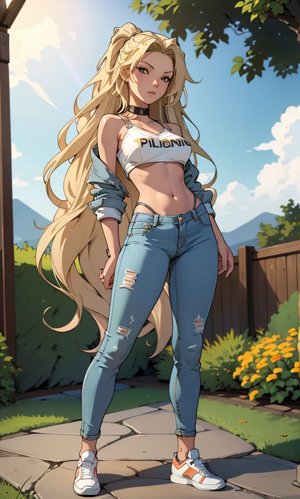  masterpiece , 1 teenage girl,  long hair , 20 years,  wavy hair , blonde hair, Brown eyes,  full body, standing, slim, high, flat stomach,  nice legs, piel Blanca,  sports shoes , jean pants,  white top with thin straps, Playboy logo top , in the garden, family grill , pornstar sexy,