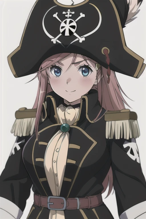 masterpiece, best quality, 1girl, detailed face and eyes, big breasts, Katou Marika, (black pirate costume), long coat, belt, (black cargo pants), (black pirate hat), looking at the viewer, facing the viewer, smile, closed mouth, blush, (simple white background), 