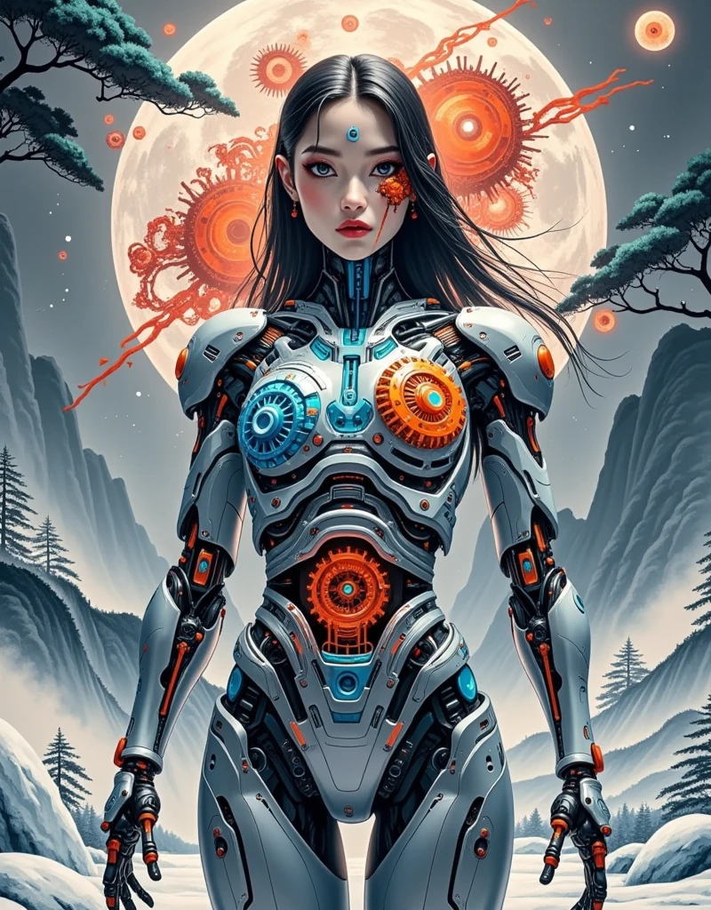 Hyperrealism、 surrealistic 、photography、Standing、Whole body focus（stephan martiniere:1.2）、fear风格、fear、、extraordinary、 The passage of time at the end of the world 、K-POP women、 mecha costume decorated with ornate patterns and mysterious symbols，The background is a big eye ，