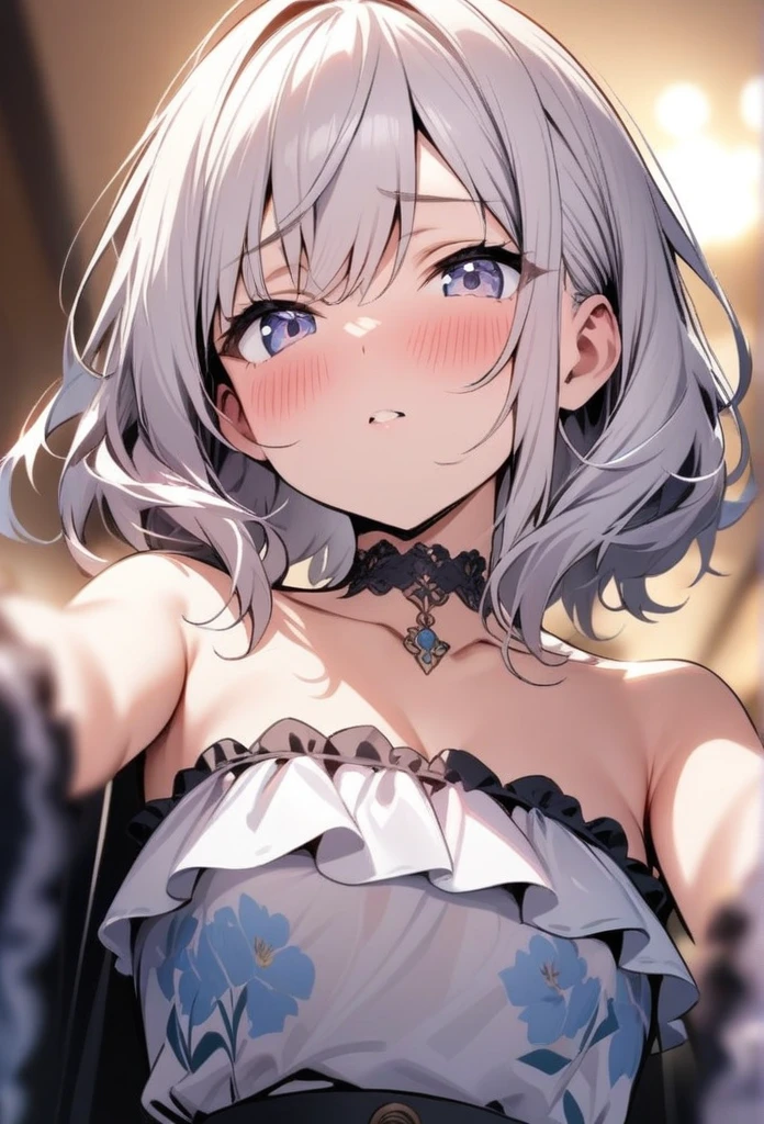 , ((Silver Accessories、Off the shoulder、mini skirt、Black Fashion))、(Gray hair color、Blue-purple inner color hairstyle), Beautiful Hair, Facial Contour, Remember, Stripping scene, Bright proof、splash, Lens flare,, Natural Color, High resolution, Very delicate, Very detailed, 8k,(Swelling in the chest,About a C cup)、Shyness,((Sexual)),((Sexy feeling))、smile