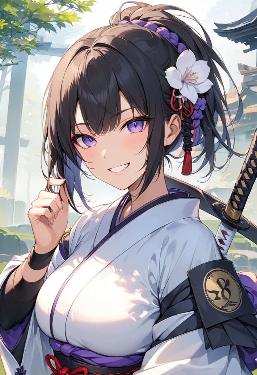 masterpiece, best quality, score_9, score_8_up, girl, grin, samurai, outdoor,