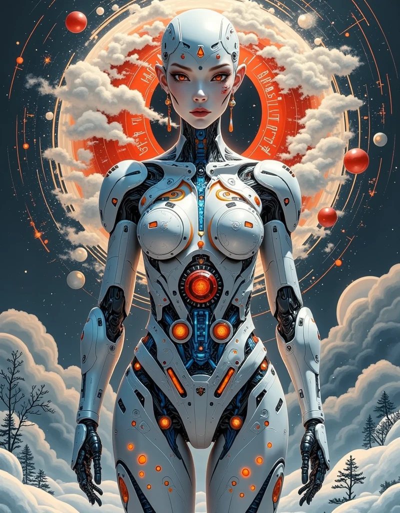 Hyperrealism、 surrealistic 、photography、Standing、Whole body focus（stephan martiniere:1.2）、fear风格、fear、、extraordinary、 The passage of time at the end of the world 、K-POP women、 mecha costume decorated with ornate patterns and mysterious symbols，The background is a big eye ，