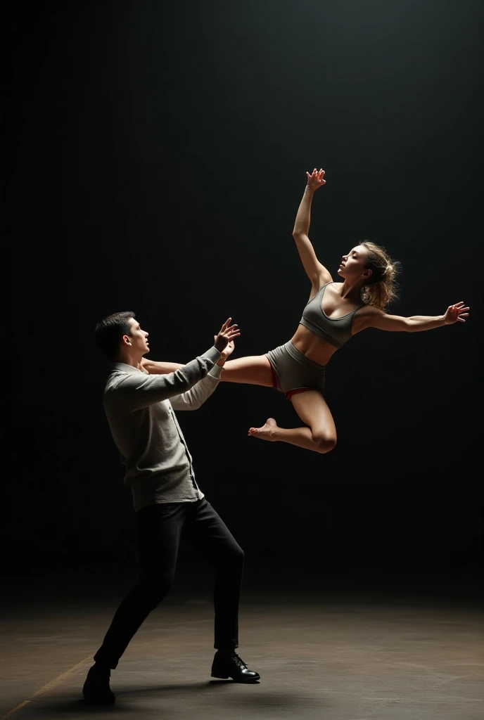 Scene of female student wearing white thigh high socks hanging herself to death ,hovering in the air , a man sitting on the ground in panic