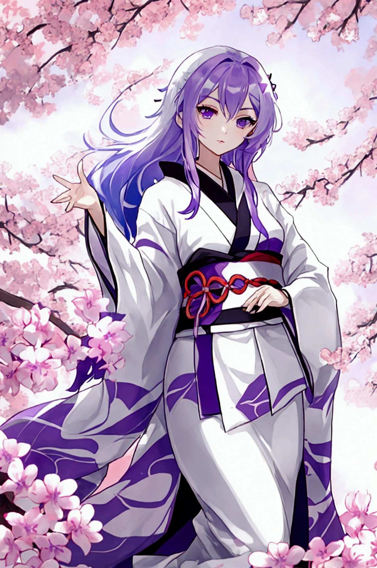 best quality, masterpiece, highres, solo, {white kimono:1.35}, {red hakama:1.35}, {wide sleeves:1.20}, {stheno_fgo:1.15}, long_hair, twintails, purple_hair, hairband, purple_eyes, lolita_hairband, smile, very_long_hair, jewelry, bangs