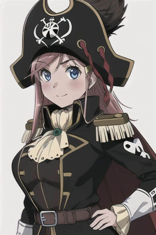 masterpiece, best quality, 1girl, detailed face and eyes, big breasts, Katou Marika, (black pirate costume), long coat, belt, (black cargo pants), (black pirate hat), looking at the viewer, facing the viewer, smile, closed mouth, blush, (simple white background),