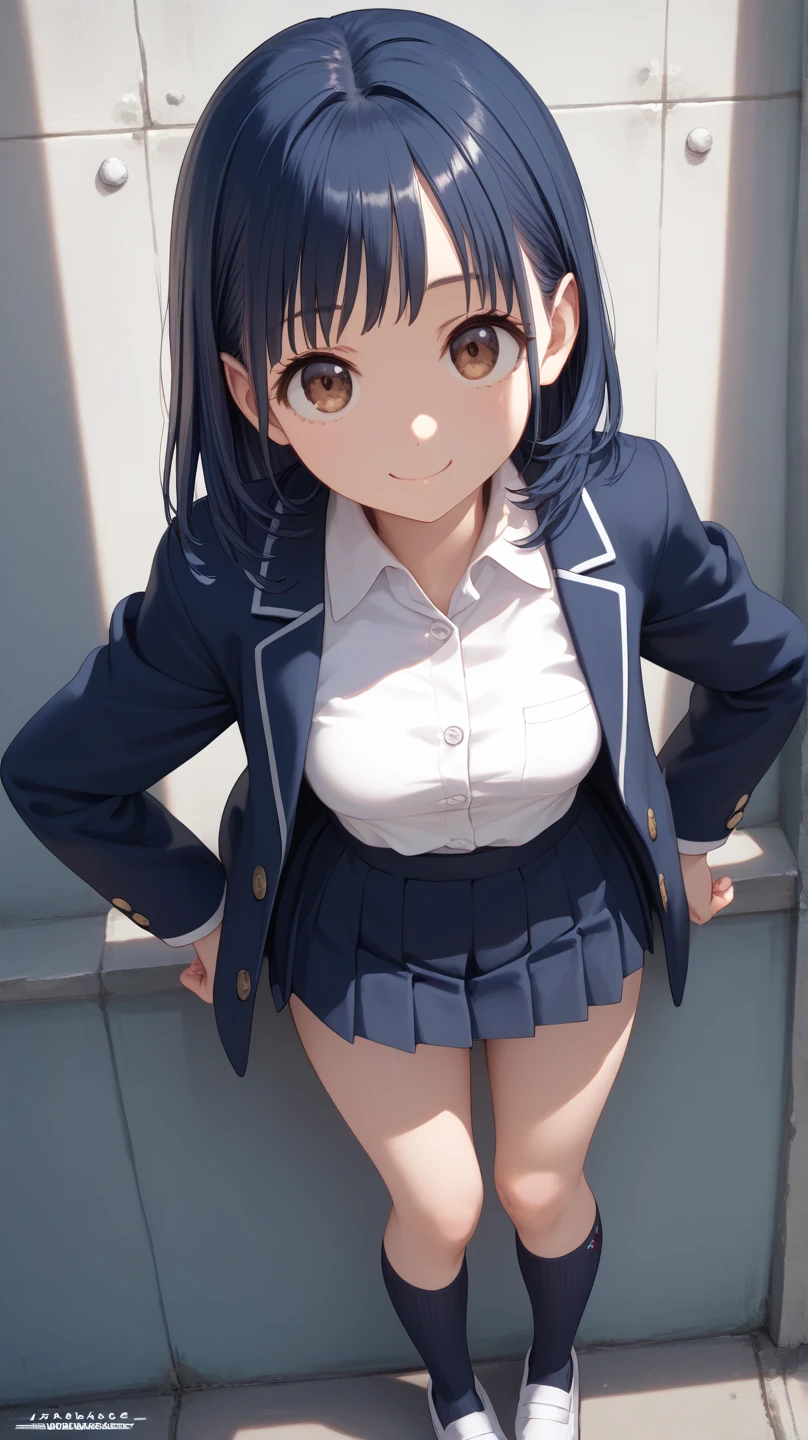 1girl, Yamada Anna, long straight hair, dark blue hair, dark blue jacket, (very round face), light brown eyes, white collared shirt, partially unbuttoned, dark blue pleated skirt, short skirt, open clothes, long sleeves,, black lagwear, kneehighs, white footwear, uwabaki, (masterpiece:1.2), highres, best quality, 8k, very clear,masterpiece, maximum quality, 4k,  ultra detailed, standing, leaning slightly forward, bright smile, crystal brown eyes, round face, soft light, shiny hair, friendly smile, thighs slightly large, hips slightly wide, 3 quarters of the body, looking at the viewer, front, high angle view, medium chest, 
