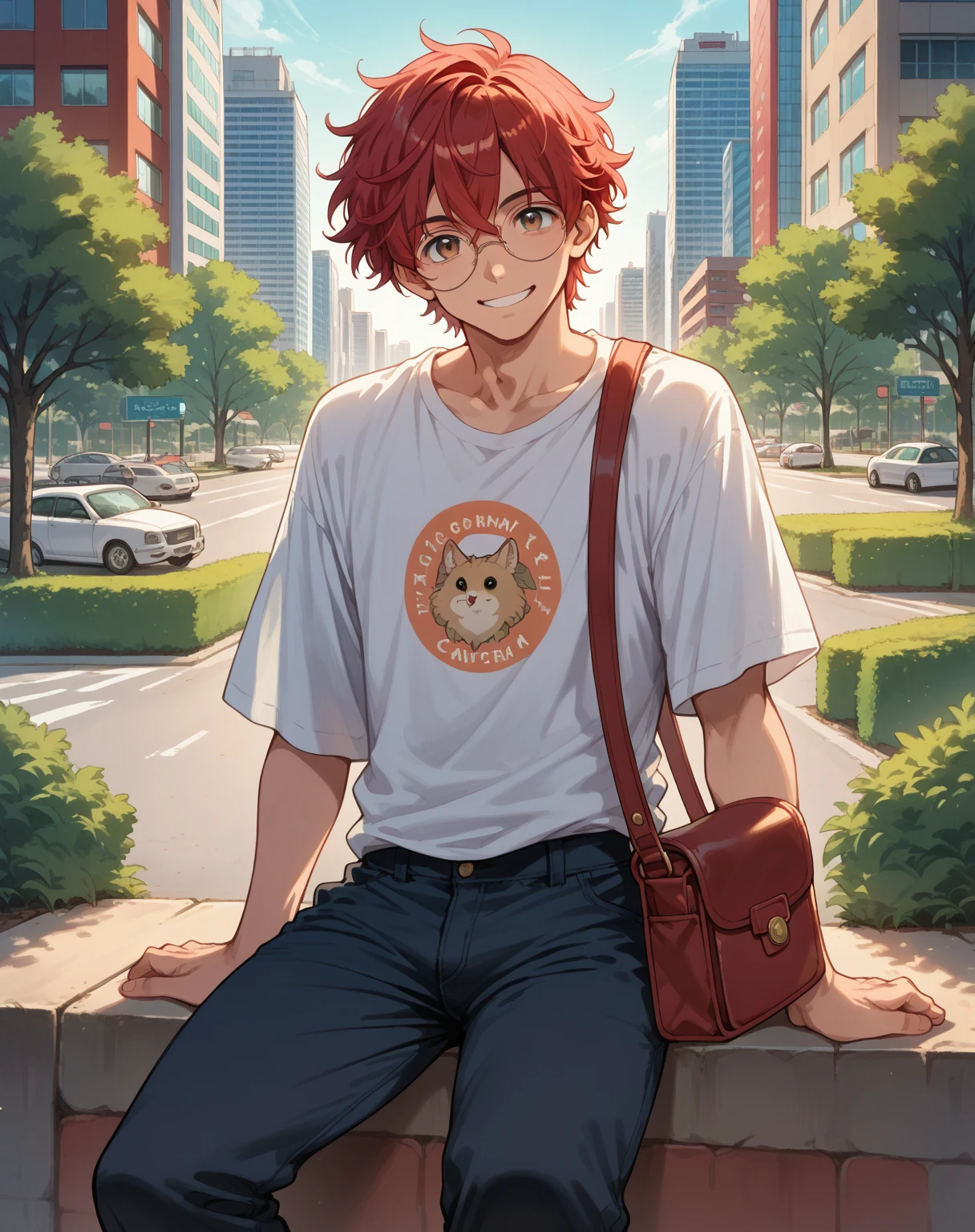 score_9,score_8_up,score_7_up,),score_9,score_8_up,score_7_up, {{anime, cowboy shot, source_anime, outdoors, city, park, colorful, vibrant, looking at viewer, solo, sitting on ledge}} male, handsome, cute, crimson hair, short hair, fluffy hair, round eyewear, crossed bangs, baggy pants, oversized shirt, satchel, gentle smile, head tilt
