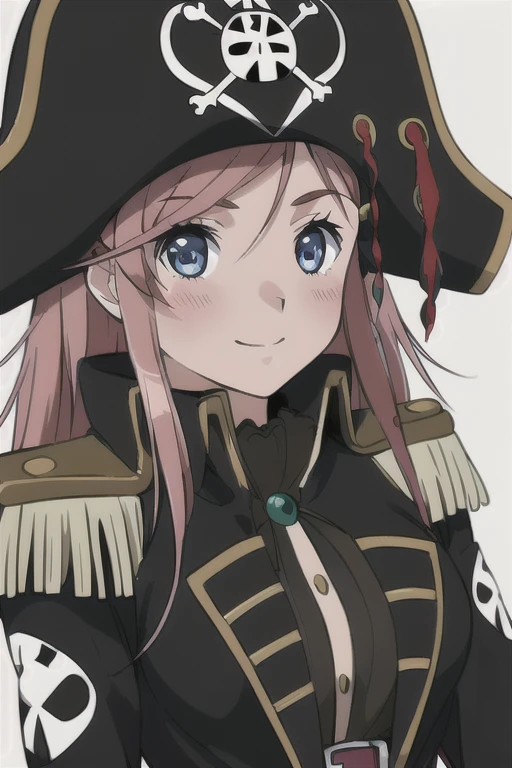 masterpiece, best quality, 1girl, detailed face and eyes, big breasts, Katou Marika, (black pirate costume), long coat, belt, (black cargo pants), (black pirate hat), looking at the viewer, facing the viewer, smile, closed mouth, blush, (simple white background), 