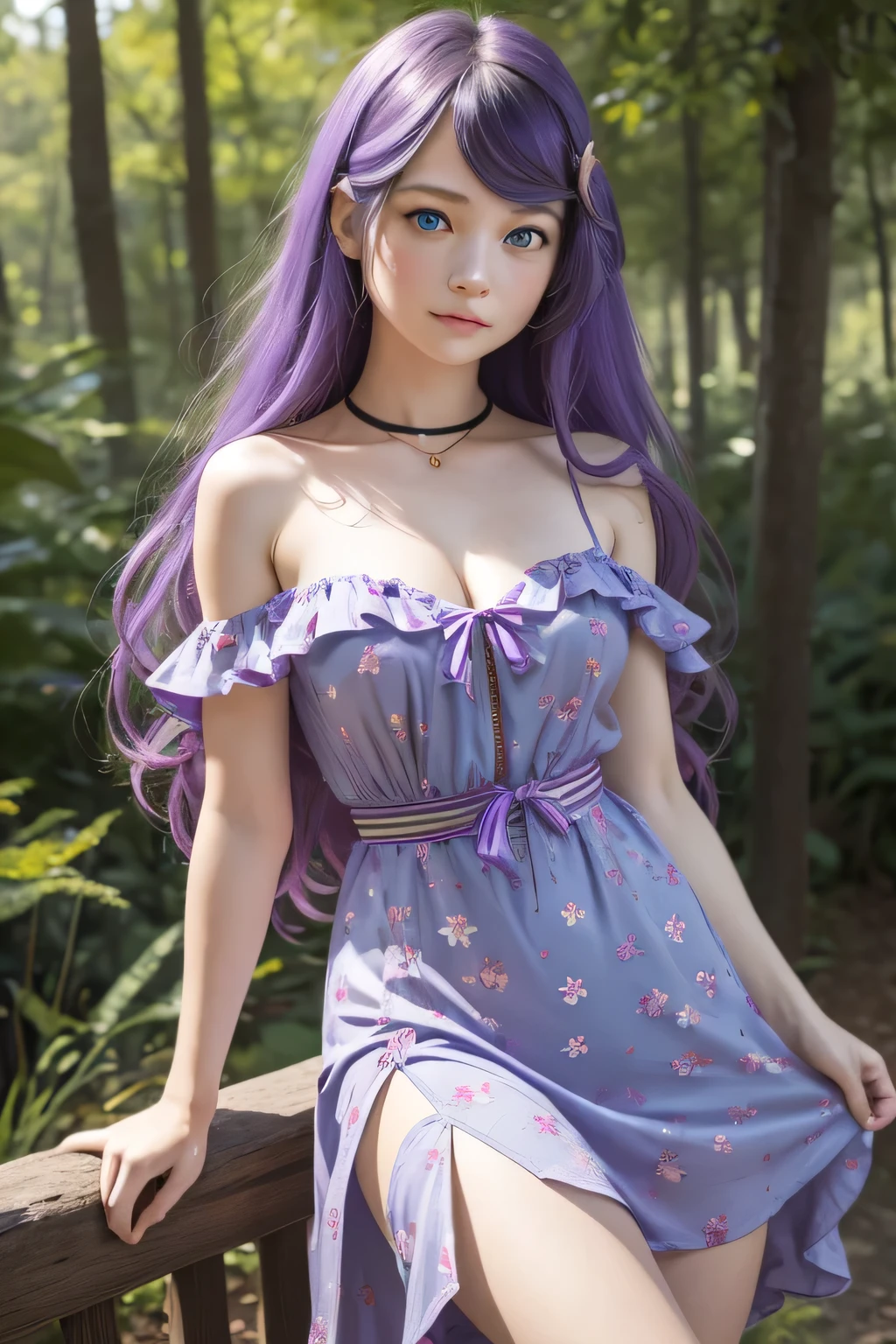 1girl,Anastasia Hoshin, long hair ,( blue eyes :1.5), CABELLO MORADO, purple hair, CABELLO MORADO, swept bangs, hair ornament,Transparent floral print polyester sundress dress for women with zipper and straps with buckle casual for all seasons - Strapless collar style with drawstring details,Star hair ornament,neckline,DD size breasts, big breasts shirt, waist 50cm, wide hips and hips 70 cm , in the woods...
