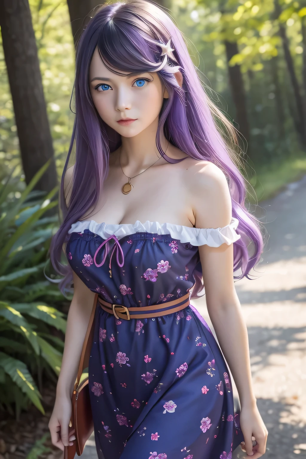 1girl,Anastasia Hoshin, long hair ,( blue eyes :1.5), CABELLO MORADO, purple hair, CABELLO MORADO, swept bangs, hair ornament,Floral print polyester sundress dress for women with zip and straps with buckle casual for all seasons - Strapless collar style with drawstring details,Star hair ornament,neckline,DD size breasts, big breasts shirt, waist 50cm, wide hips and hips 70 cm , in the woods...