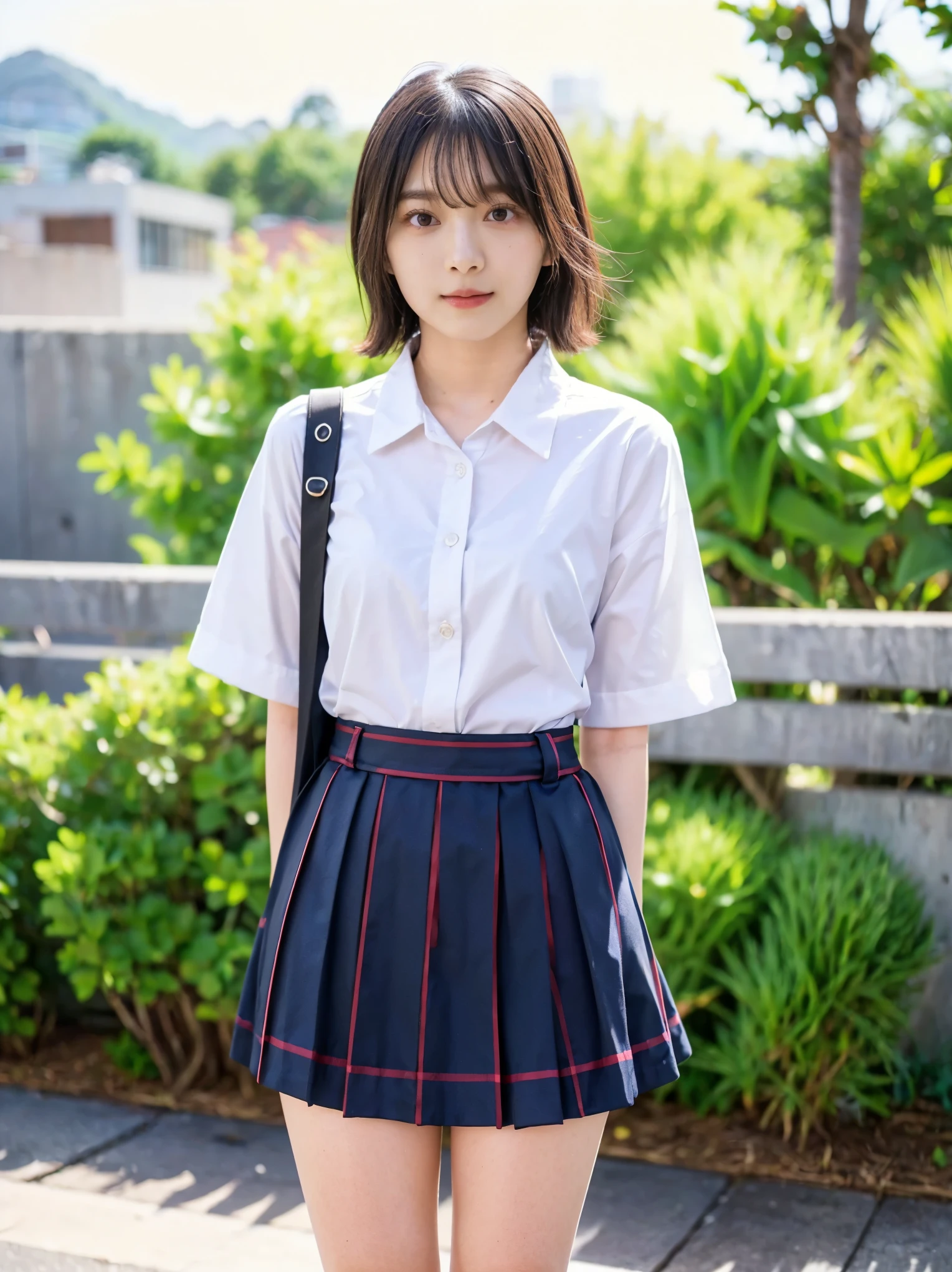 ***1 person、(8k、 RAW Photos、Best Quality、 High Quality、 masterpiece:1.2)、( real、 real)、1 person、( medium hair、 Low Angle Shot , Y shirt with white collar 、Asian woman wearing a blue checked mini short skirt 、Asian woman wearing a tie standing in the schoolyard,  cute high school girl looking sideways, Japanese High School Girl,  wearing a Japanese schoolgirl uniform ,  wearing a Japanese schoolgirl uniform , Y shirt with white collar ,  surreal high school girl,  High School Girl ,  surreal high school girl,  surreal high school girl, Clothed girl , Clothed girl , Clothed girl , posing  High School Girl , whole body,  white skin,  smaller, Beautiful skin, shiny skin,  beautiful thighs in books,  shiny thighs , Shining Legs, Bob has his hair cut ,