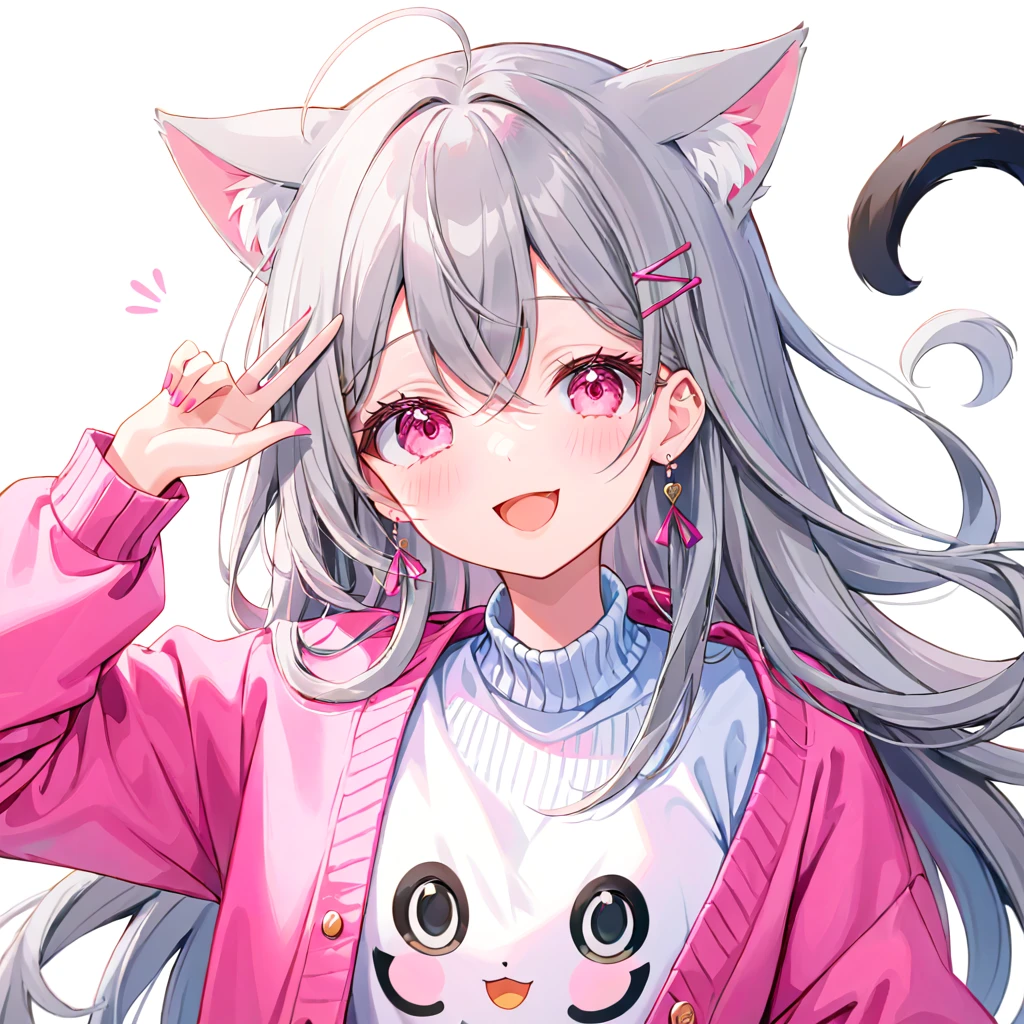 Long Hair, Gray Hair, Pink inner hair, Open your mouth, smile, panic, Illustration where the pupil does not overlap with the lower eyelashes, The lower half of the eye is white, Hollow Eyes, Pink Eyes, Larger clothes, Sleeves are longer than the wrist, , Pink Cardigan, Pink Ribbon, Earrings, White background, Two Girls, cat ears,hairpin