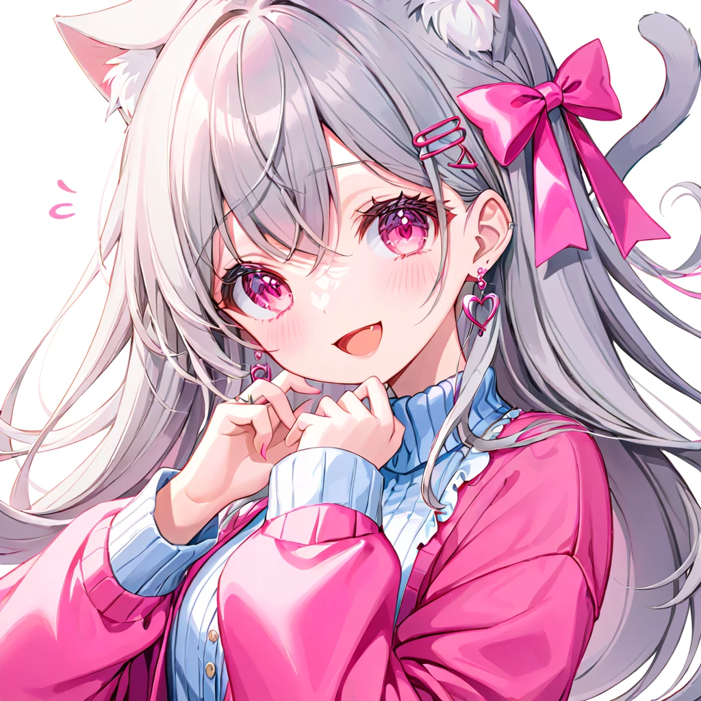 Long Hair, Gray Hair, Pink inner hair, Open your mouth, smile, panic, Illustration where the pupil does not overlap with the lower eyelashes, The lower half of the eye is white, Hollow Eyes, Pink Eyes, Larger clothes, Sleeves are longer than the wrist, , Pink Cardigan, Pink Ribbon, Earrings, White background, Two Girls, cat ears,hairpin