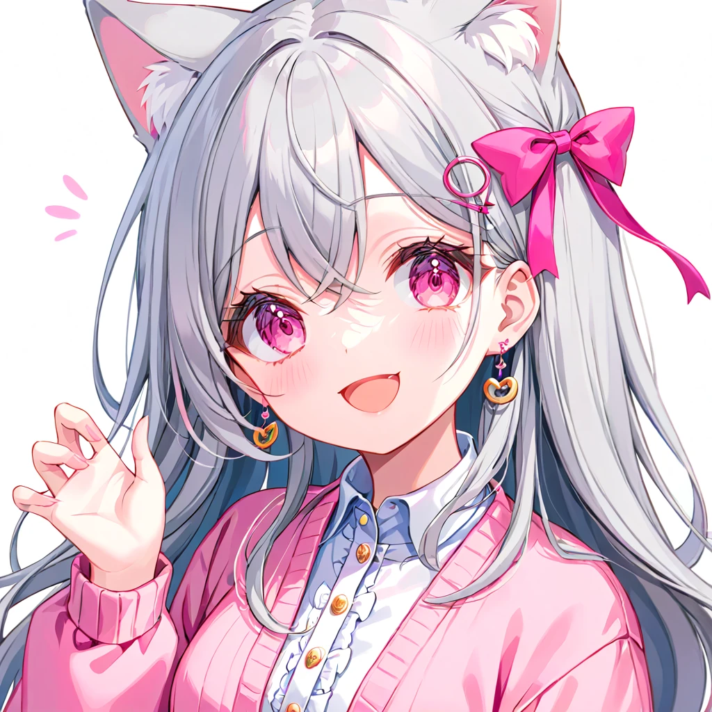 Long Hair, Gray Hair, Pink inner hair, Open your mouth, smile, panic, Illustration where the pupil does not overlap with the lower eyelashes, The lower half of the eye is white, Hollow Eyes, Pink Eyes, Larger clothes, Sleeves are longer than the wrist, , Pink Cardigan, Pink Ribbon, Earrings, White background, Two Girls, cat ears,hairpin