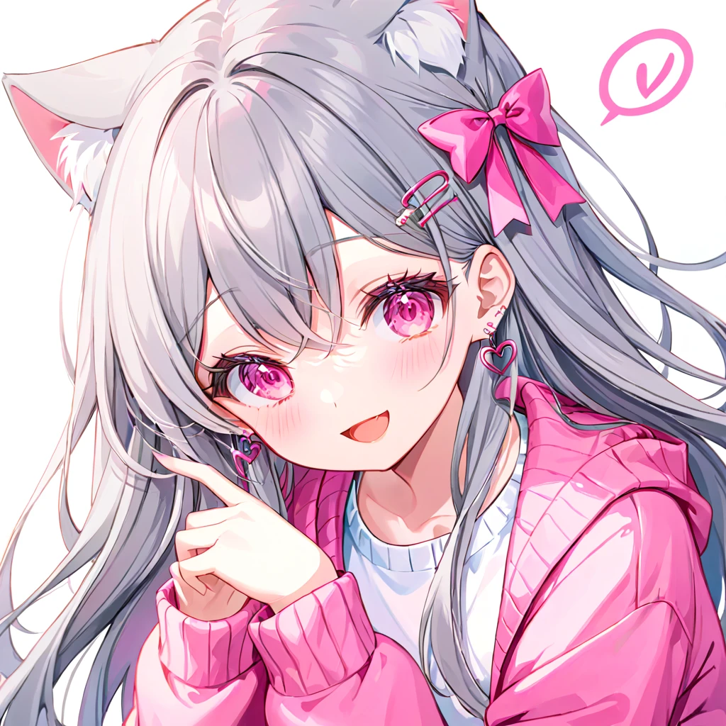 Long Hair, Gray Hair, Pink inner hair, Open your mouth, smile, panic, Illustration where the pupil does not overlap with the lower eyelashes, The lower half of the eye is white, Hollow Eyes, Pink Eyes, Larger clothes, Sleeves are longer than the wrist, , Pink Cardigan, Pink Ribbon, Earrings, White background, Two Girls, cat ears,hairpin