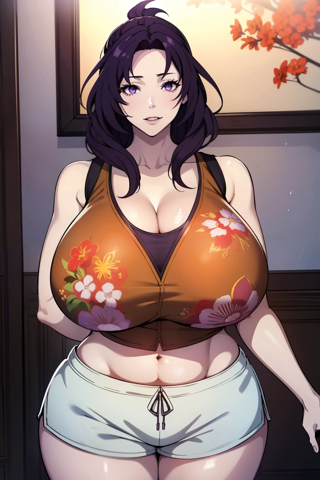 An anime-style artwork depicting rixia mao
Tags: best quality, (masterpiece:1.2), illustration, absurdres, (1girl), (solo), (beautiful detailed girl), (upper body, portrait), Rixia Mao, (dark purple hair:1.3), , medium hair, purple eyes, huge breasts, orange crop top, floral pattern, sleeveless shirt, green shorts, white shoes,, anime, detailed eyes, detailed lips, , , smiling expression, intense gaze, dynamic pose, indoor, palace, vibrant colors, digital art, high-resolution, professional quality, gigantic breasts, cleavage,  curvy, cowboy shot, (gigantic breasts: 1.4),, back view, slim waist, curvy ass, gigantic ass