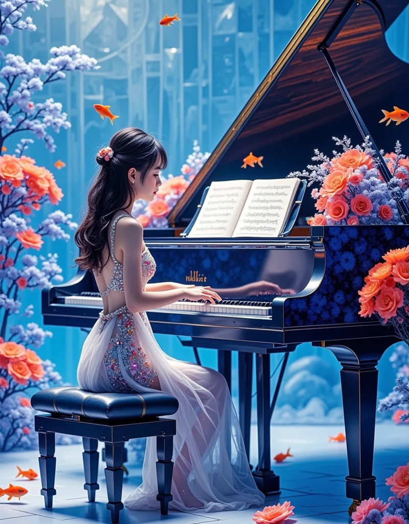  Surrounding the piano are lush, colorful flowers {x} exude a mysterious atmosphere under the soft blue light {x} The background is a glass wall with intricate geometric patterns {x} A vibrant photograph showing a beautiful young girl sitting in front of a grand piano。 adding a wonderful element to the scene ，Fair skin。 The dress has thin straps and low Back design ， with a rich and dreamy color ， The dress is made of translucent fabric ，, delicate 、 almost magical appearance 。 Mainly purple and bright colors ， that may be futuristic 。 She has long wavy dark hair 。, the piano is placed in the center ， petals ， The small glittering goldfish swims around the piano 。 ，Including roses 、 Orchids and other exotic flowers ， to the environment 。 ， suggests an upscale 、, add a touch of elegance and refinement 。 to take the viewer into a surreal and fascinating world ， embellished with iridescent sequins and beads 。 The overall color is blue 、} Reveals a slender and elegant figure ， She is wearing a transparent and lightweight long dress ， She stares peacefully and thoughtfully at the keys 。 The photo is very detailed ， captures the texture of the fabric 、 with flickering ， and reflections on the piano surface ， enhance the immersive feeling of the scene 。