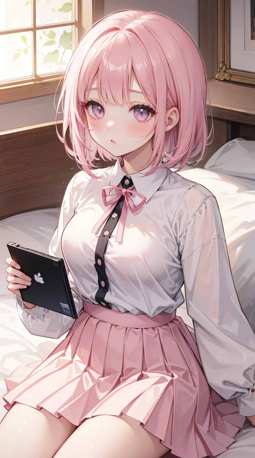  Girl lying in bed ， Pink short hair，With bangs ，   Her lower body wears a brown pleated skirt   。  She has medium length hair   ，  with a ribbon around his neck  ，   holding a game console and controller in one hand   ，Holding potato chips in the other hand。   Her open jacket reveals the white dress inside the child 。   creating an intimate and magnetic connection   ，   Her eyes are bright pink   ，   Her cheeks have a sweet blush   。   Her hair accessories are decorated with pink ribbons   ，  to attract attention ，  above the neckline of her shirt , You can see medium   。Tight Frame ，   This captures her intimate posture and playful attitude   。