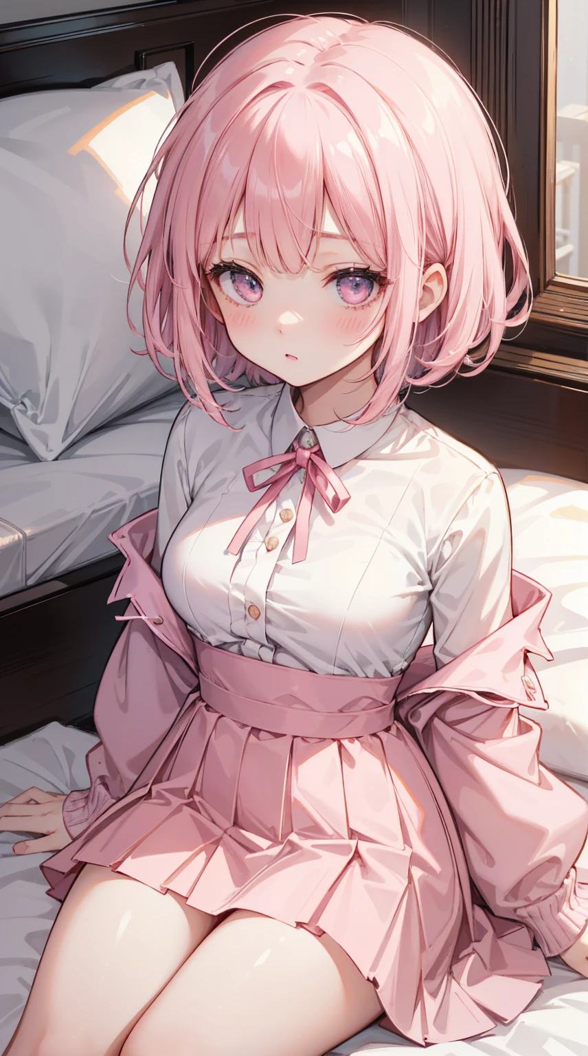  Girl lying in bed ， Pink short hair，With bangs ，   Her lower body wears a brown pleated skirt   。  She has medium length hair   ，  with a ribbon around his neck  ，   holding a game console and controller in one hand   ，Holding potato chips in the other hand。   Her open jacket reveals the white dress inside the child 。   creating an intimate and magnetic connection   ，   Her eyes are bright pink   ，   Her cheeks have a sweet blush   。   Her hair accessories are decorated with pink ribbons   ，  to attract attention ，  above the neckline of her shirt , You can see medium   。Tight Frame ，   This captures her intimate posture and playful attitude   。