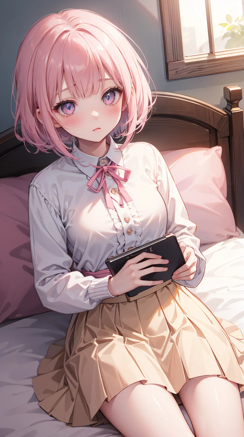  Girl lying in bed ， Pink short hair，With bangs ，   Her lower body wears a brown pleated skirt   。  She has medium length hair   ，  with a ribbon around his neck  ，   holding a game console and controller in one hand   ，Holding potato chips in the other hand。   Her open jacket reveals the white dress inside the child 。   creating an intimate and magnetic connection   ，   Her eyes are bright pink   ，   Her cheeks have a sweet blush   。   Her hair accessories are decorated with pink ribbons   ，  to attract attention ，  above the neckline of her shirt , You can see medium   。Tight Frame ，   This captures her intimate posture and playful attitude   。