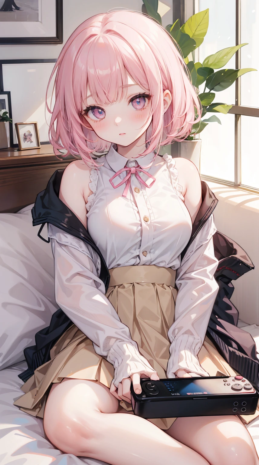  Girl lying in bed ， Pink short hair，With bangs ，   Her lower body wears a brown pleated skirt   。  She has medium length hair   ，  with a ribbon around his neck  ，   holding a game console and controller in one hand   ，Holding potato chips in the other hand。   Her open jacket reveals the white dress inside the child 。   creating an intimate and magnetic connection   ，   Her eyes are bright pink   ，   Her cheeks have a sweet blush   。   Her hair accessories are decorated with pink ribbons   ，  to attract attention ，  above the neckline of her shirt , You can see medium   。Tight Frame ，   This captures her intimate posture and playful attitude   。