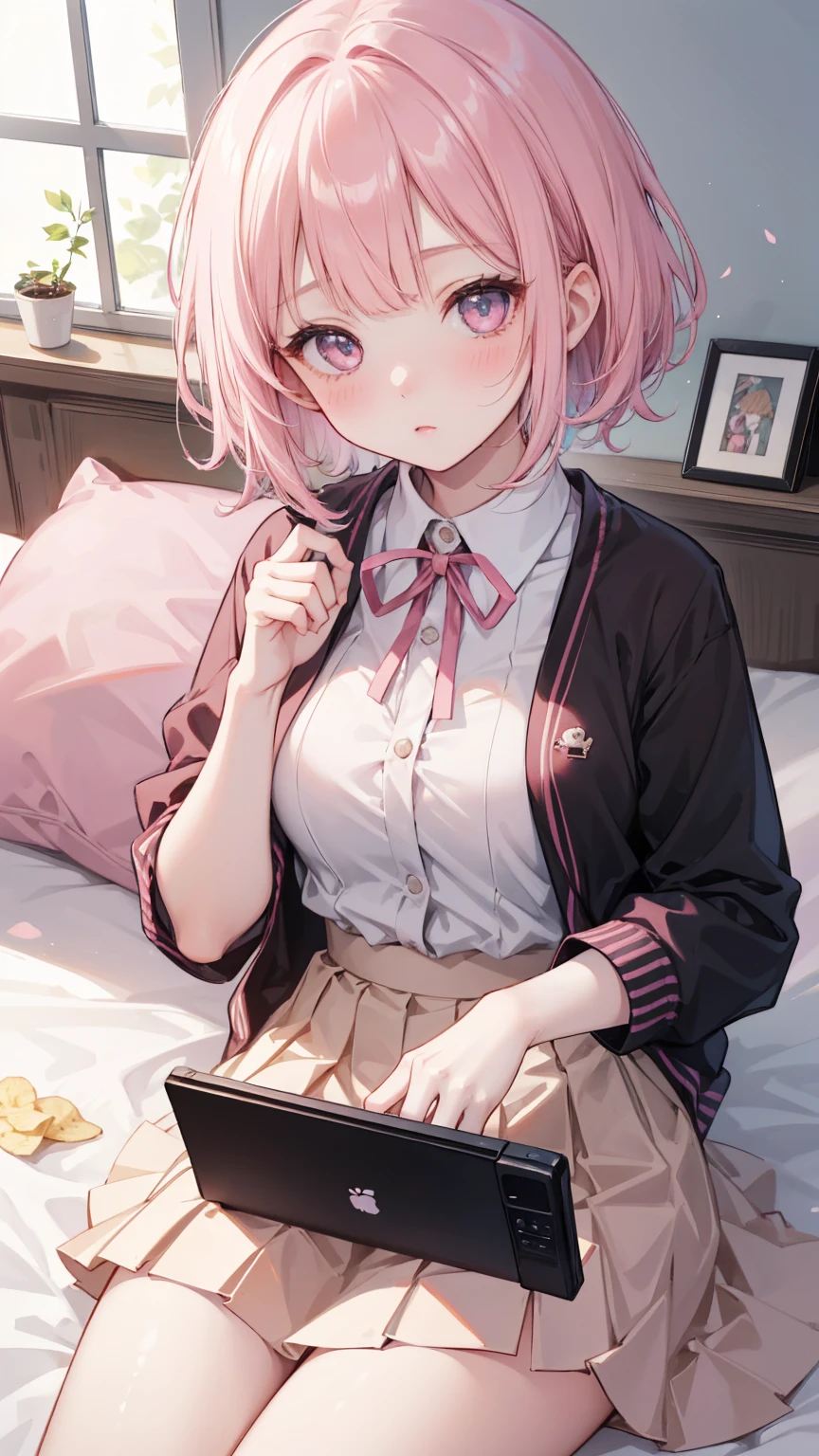  Girl lying in bed ， Pink short hair，With bangs ，   Her lower body wears a brown pleated skirt   。  She has medium length hair   ，  with a ribbon around his neck  ，   holding a game console and controller in one hand   ，Holding potato chips in the other hand。   Her open jacket reveals the white dress inside the child 。   creating an intimate and magnetic connection   ，   Her eyes are bright pink   ，   Her cheeks have a sweet blush   。   Her hair accessories are decorated with pink ribbons   ，  to attract attention ，  above the neckline of her shirt , You can see medium   。Tight Frame ，   This captures her intimate posture and playful attitude   。