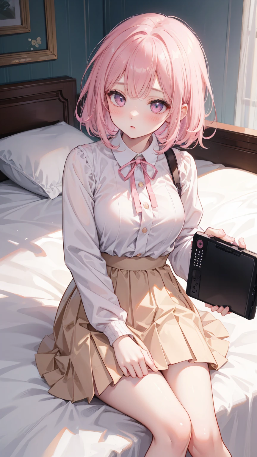  Girl lying in bed ， Pink short hair，With bangs ，   Her lower body wears a brown pleated skirt   。  She has medium length hair   ，  with a ribbon around his neck  ，   holding a game console and controller in one hand   ，Holding potato chips in the other hand。   Her open jacket reveals the white dress inside the child 。   creating an intimate and magnetic connection   ，   Her eyes are bright pink   ，   Her cheeks have a sweet blush   。   Her hair accessories are decorated with pink ribbons   ，  to attract attention ，  above the neckline of her shirt , You can see medium   。Tight Frame ，   This captures her intimate posture and playful attitude   。