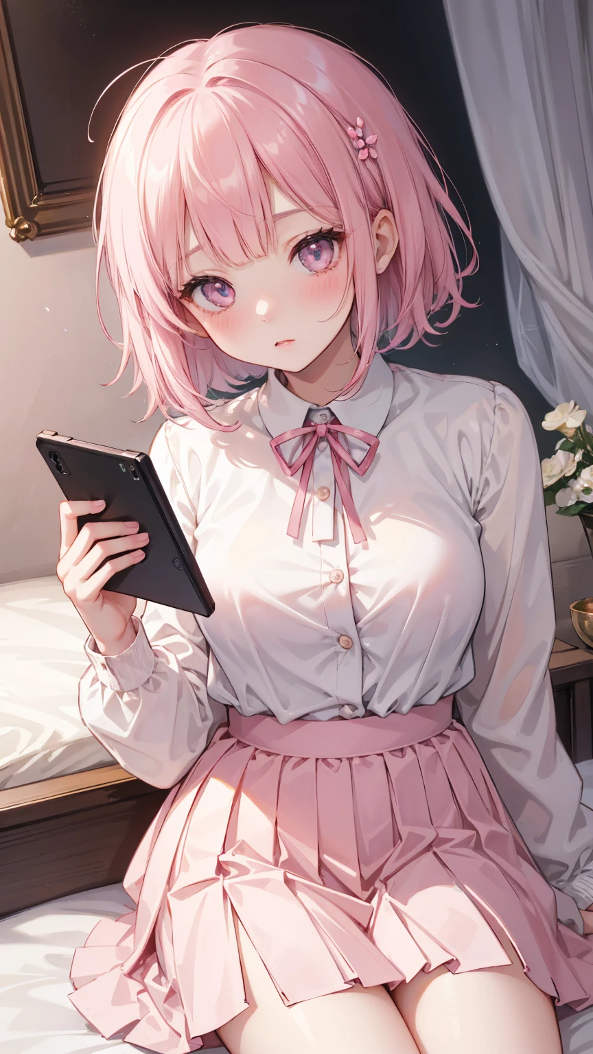  Girl lying in bed ， Pink short hair，With bangs ，   Her lower body wears a brown pleated skirt   。  She has medium length hair   ，  with a ribbon around his neck  ，   holding a game console and controller in one hand   ，Holding potato chips in the other hand。   Her open jacket reveals the white dress inside the child 。   creating an intimate and magnetic connection   ，   Her eyes are bright pink   ，   Her cheeks have a sweet blush   。   Her hair accessories are decorated with pink ribbons   ，  to attract attention ，  above the neckline of her shirt , You can see medium   。Tight Frame ，   This captures her intimate posture and playful attitude   。