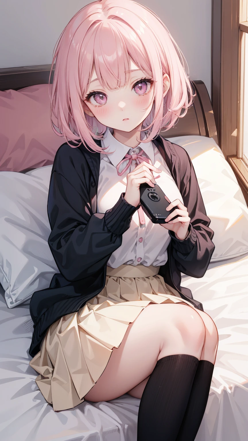  Girl lying in bed ， Pink short hair，With bangs ，   Her lower body wears a brown pleated skirt   。  She has medium length hair   ，  with a ribbon around his neck  ，   holding a game console and controller in one hand   ，Holding potato chips in the other hand。   Her open jacket reveals the white dress inside the child 。   creating an intimate and magnetic connection   ，   Her eyes are bright pink   ，   Her cheeks have a sweet blush   。   Her hair accessories are decorated with pink ribbons   ，  to attract attention ，  above the neckline of her shirt , You can see medium   。Tight Frame ，   This captures her intimate posture and playful attitude   。