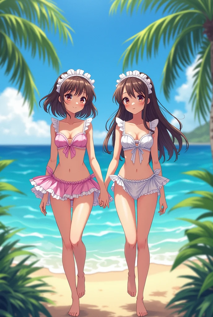 Highest quality、High resolution、Detailed Background、Beautiful face in every detail、Teenage Beauty、cuteカラーの髪色、Brown Hair、Black Hair、Bobcut、ponytail、Twin tails、Big smile、boost mood、 Summer sun、Shining Sea、Walking on the beach、Enjoying water sports at the beach、Take off your sandals and jump into the sea、Running around holding hands with friends、Smiles and innocent play、Endless blue sky and sea、Eternal summer memories、 (Innocent girls playing:1.5)、 Brightly colored frilled bikini、Cute frill bikini、striped one piece swimsuit、Ribbon design tankini、Floral Bikini、Floral and tropical bikini、The design is simple but, the pattern creates a cute look.、cute