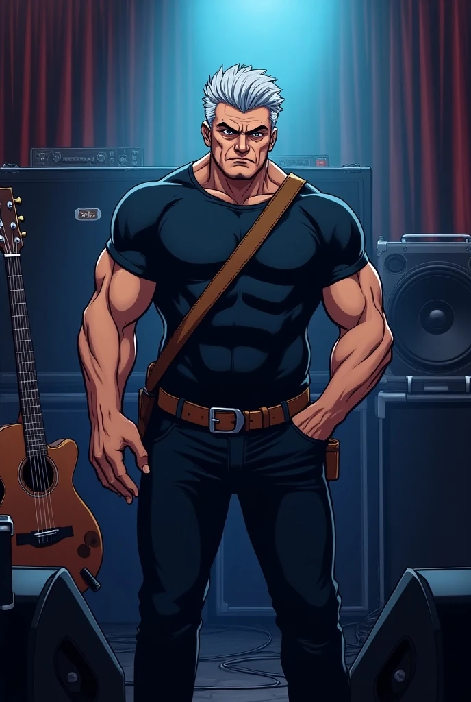 There is a man playing the electric guitar on an empty lot., cantando, it's raining and cloudy, fondo de color azul oscuro profundo, vallas rodeadas, hoguera de tambores, se moja bajo la lluvia, gotas, Gigachados muscles, vistiendo una gabardina azul marino opaca, usando camisa negra como interior, hombres musculosos , arte masculino, Eric Clapton, high resolution commission, Very heavy vignette!!!,Duro ,No se usa nada, risa leve,venous muscles,,cuerpo peludo y grumoso,Collar de etiqueta de placa de plata,Dad with extreme muscle mass,Negro poco pelo largo afeitado lateral,Cara de barba recortada, Little laugh, About 50 years,piel morena bronceada,ultra detallado,Alta calidad,Textura de piel realista y suave,Dandy Guy fotorrealista,Luz y sombra