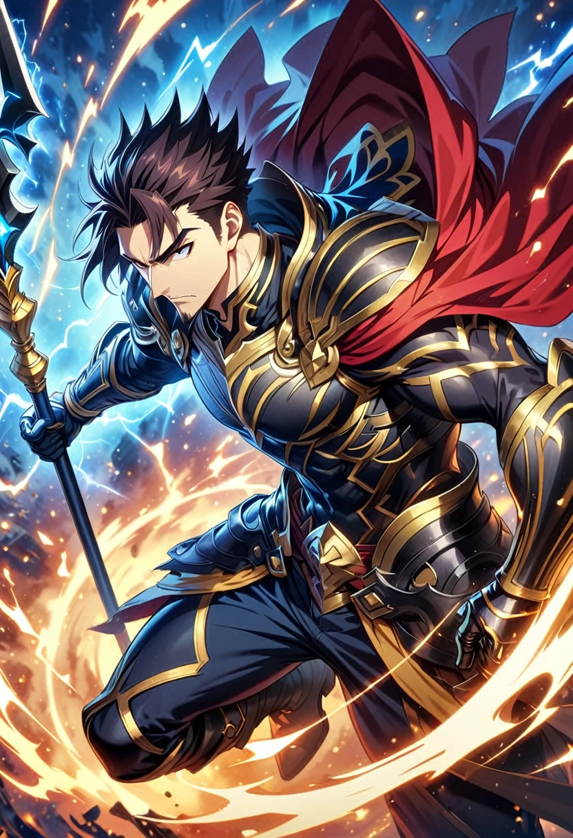 (( masterpiece )), (( best quality)), ( ultra detailed ), Extremely detailed 8k CG Unity background image, Official artwork, Accurately described shapes, Detailed hands, expressive eyes, 1 male, single man, Hector ( fate/ grand order ), tall warrior, Hair falling down, Short dark hair, Tied up, slightly disheveled hair, Serious and defined face, Prominent jaw, Thin, well-trimmed beard, Goatee, Dark eyes, Piercing gaze, Tight-fitting green jacket, Long sleeves, Modern style jacket, with black details ( gold on the edge ), Black gloves for all fingers, Balanced, Dark pants, Straight and balanced cut, Black boots, with metallic details, Black t-shirt under the jacket, Tight-fitting green jacket, Gold trim, Reinforced gloves and boots, Holding large spear with left hand, Black spear, Dark collar and edges, Waving red cape, Gold details on the handle, Stance firm, erect, Resolute and noble expression, in the sky, Covered in electricity, blue electricity, electric powers, eyes illuminated by electricity, without armor.