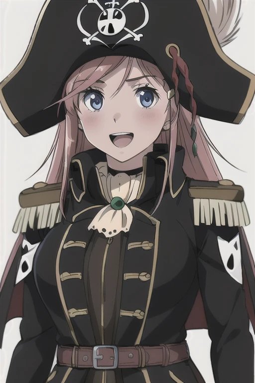 masterpiece, best quality, 1girl, detailed face and eyes, big breasts, Katou Marika, (black pirate costume), long coat, belt, (black cargo pants), (black pirate hat), looking at the viewer, facing the viewer, smile, open mouth, talk, blush, (simple white background), 