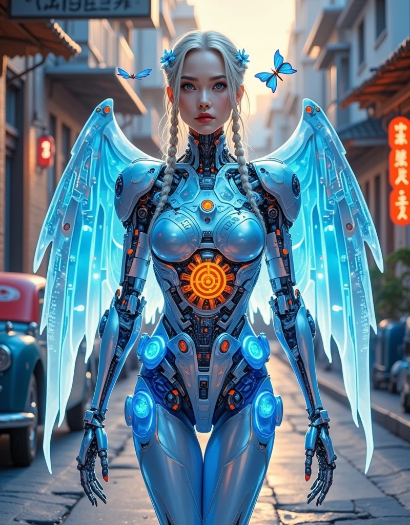  realistic real life Portrait ， a walking mecha woman ， wearing a crystal clear mecha suit ，Hyper-Reality，Early twenties， glowing armor plate ， blue cyberpunk glowing dress ， perfect chin line transparent translucent glowing wings spread high and high，Open torso ， glowing transparent blue mecha suit ， realistic facial features ， with long bleached blond braids draped in ， blue eyes，Supermodel physique， burgundy lips ， rose eyeshadow ，Mascara， plumeria tattoo on her arm ， a little egg flower in her hair ， small neon blue butterflies on the shoulders ，透明半透明的盔甲Cyberpunk style，Cyberpunk style， cyberpunk alley in the background ，Graffiti Wall， sunset time ， colorful tones ，Futurism， vintage car on the street with lights on ， wearing pastel light blue Converse All-Star shoes ，Glowing Tattoo