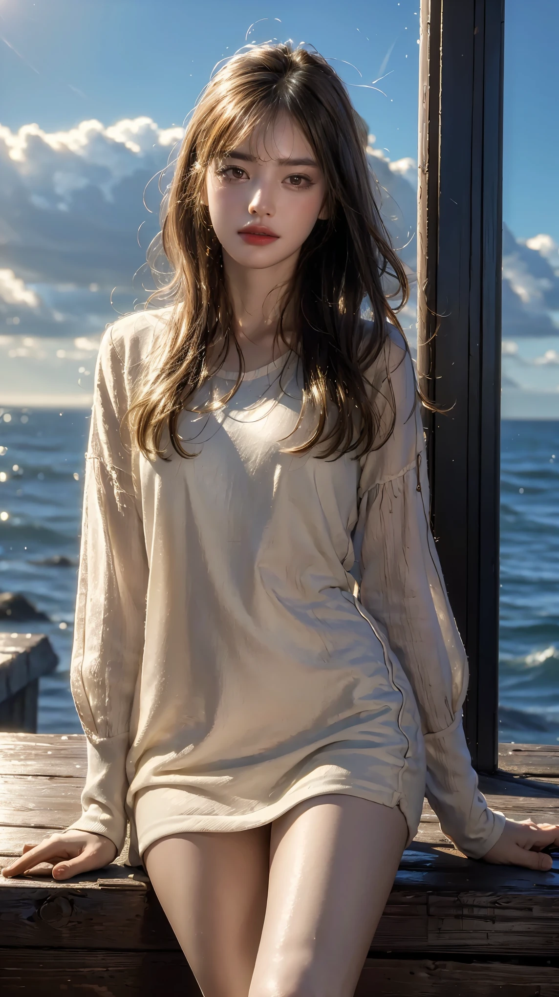 Best picture quality， tmasterpiece， 超高分辨率， （Fidelity：1.4）， photore， 1 rapariga，Emaciated girl，[（grieves）]，white  shirt， Dimly lit， darkly， be desperate， pitying， cute little， cinematic ligh， Tears， tear drop， （torn laundry：1.5）， （wetclothes：1.4）， exposed bare shoulders， Real rain， Wet hair，wetclothes，sitting on the stone