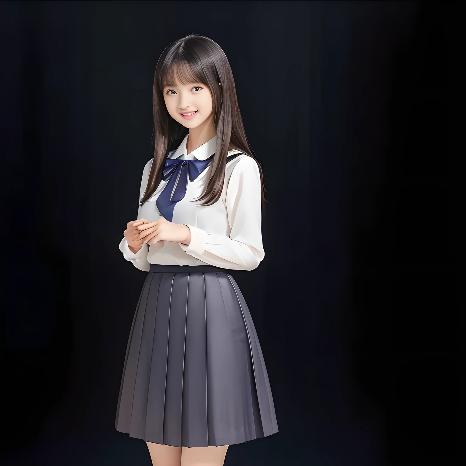 (Highest quality, masterpiece:1.2), Highest quality, High resolution, 1080P, 8k, height: 158cm, (A yo Japanese beautiful fashion model is seated, cute skirt with beautiful knees, putting her hands front and beautiful fingers, looking at the viewer, can't stop showing cute smile open mouth because of feeling too funny about the viewer, very white-white face, very proud of her long straight hair, using face-whitening cosmetics, prominent cool eyes, opened laughing giggling most open mouth, too expensive luxurious feminine frilled ivory silk blouse, luxurious navy-checkered-pleats-school-skirt and bewitching ribbon on the breast, well-straitened super-super-long well-trimmed long hair: 1.5), (white thighs and knees: 1.7), (Well-balanced, prominent, lovely, drooping, double-eyelids, brown shiny large prominent eyes with detailed: 1.5), ((Beautiful well-figured glossy opened laughing lips: 1.2)), (mature breast), (Girl whom everyone loves because of her beauty and beautiful eyes and lovely fashion and noble manner), (Very beautiful, glossy, cute neat black amazingly long hair, straight well-done long hair-style: 1.3), (Drives me crazy for her glossy neat long hair and make me fall into love), (plain blue background: 1.6), (Best style like a 14 fashion model, mature breast), (((Completely balanced beautiful big big eyes, looking at me))), (eyes, face and hair are especially beautifully detailed and beautifully drawn: 1.5), (Satisfactory best shot by professional famous photographer for school girl's beauty: 1.5), (The soft white light clearly shows her face extremely white: 1.2), (Feel too luxurious and expensive, girly frilled), (Very soft laughing cheeks, very soft hands pulling the breast ribbon down, People who touch it feel eternal pleasure: 1.2), (Super long hair 14yo too much beautiful 14yo idol in Japan, luxurious girly fashion, shot from her side: 1.8)