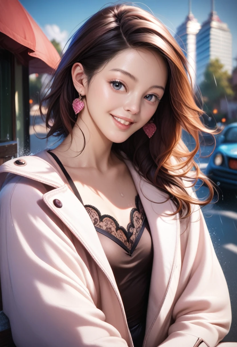 (8k, Best Quality, masterpiece: 1.2), (Realistic, photoRealistic: 1.37), Super detailed, Girl Single, Hairstyle stroked with a comb ,cute, Alone, Midnight,  beautiful detailed sky , Detailed Cafe,  sitting, date, (), (smile: 1.15),  small breasts (Shut up),  Beautiful fine eyes ,  hair floating NovaFrogStyle ,  camel coat with an open front, lace maxi dress standing in the rain, magazine cover