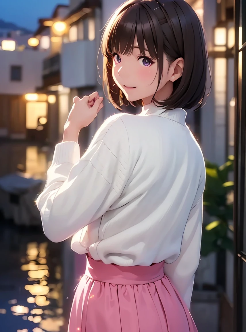   high resolution on down ,In 8K, best quality, Details,Semi-realistic anime, D Anime Style , Smooth Animated CG , one girl playing pranks, 19-year-old Japanese woman,slim,modeling,((Sparkling Eyes)),((Very short hair)),(( short bob)),(Maroon Glowing Hair ), Pink Lips, Shiny brown hair, Detailsな顔,Beautiful and  Details,,((深い青紫色のSparkling Eyes)),(Shut your mouth.),(Laughter),((Black long sleevesロングカーディガン)),(((Black long sleeves))),(( light cream pencil skirt)),((( Santorini, Greece))),((Nightscape )),((Pier at night)),((slimな身体)),( look at the camera),(( Back )),((振り向いて look at the camera))