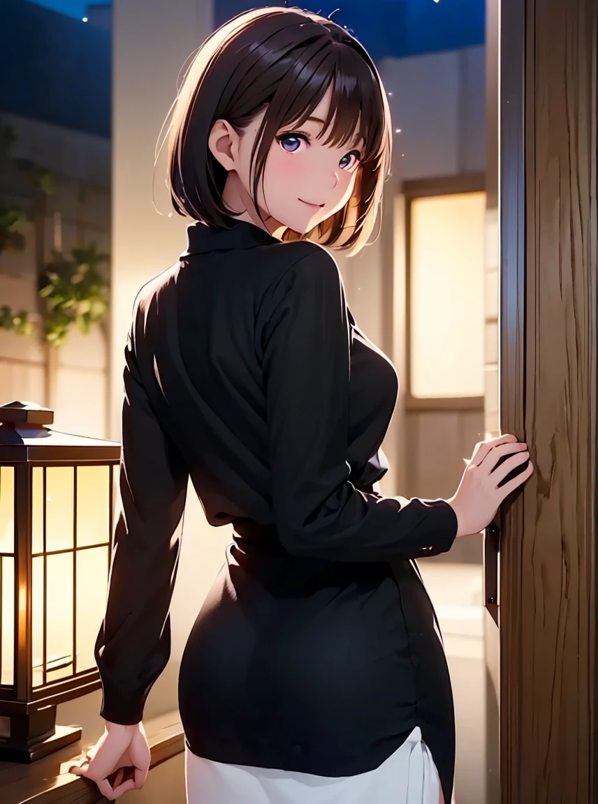   high resolution on down ,In 8K, best quality, Details,Semi-realistic anime, D Anime Style , Smooth Animated CG , one girl playing pranks, 19-year-old Japanese woman,slim,modeling,((Sparkling Eyes)),((Very short hair)),(( short bob)),(Maroon Glowing Hair ), Pink Lips, Shiny brown hair, Detailsな顔,Beautiful and  Details,,((深い青紫色のSparkling Eyes)),(Shut your mouth.),(Laughter),((Black long sleevesロングカーディガン)),(((Black long sleeves))),(( light cream pencil skirt)),((( Santorini, Greece))),((Nightscape )),((Pier at night)),((slimな身体)),( look at the camera),(( Back )),((振り向いて look at the camera))