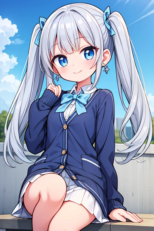 Silver-haired blue eyes、 girl、small breasts、twin tails、smile、gal girl、wearing cute earrings、uniform、knit cardigan、Has eye highlights、School、blue sky