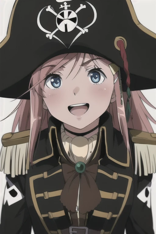 masterpiece, best quality, 1girl, detailed face and eyes, big breasts, Katou Marika, (black pirate costume), long coat, belt, (black cargo pants), (black pirate hat), looking at the viewer, facing the viewer, smile, open mouth, talk, blush, (simple white background), 