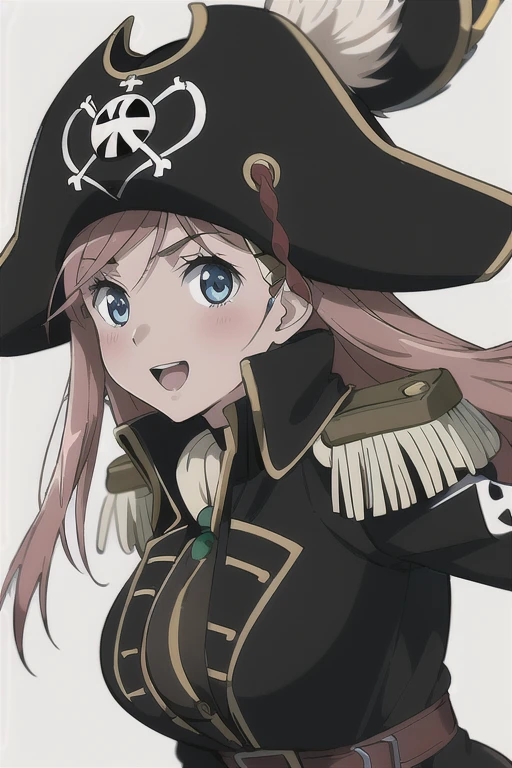 masterpiece, best quality, 1girl, detailed face and eyes, big breasts, Katou Marika, (black pirate costume), long coat, belt, (black cargo pants), (black pirate hat), looking at the viewer, facing the viewer, smile, open mouth, talk, blush, (simple white background), 