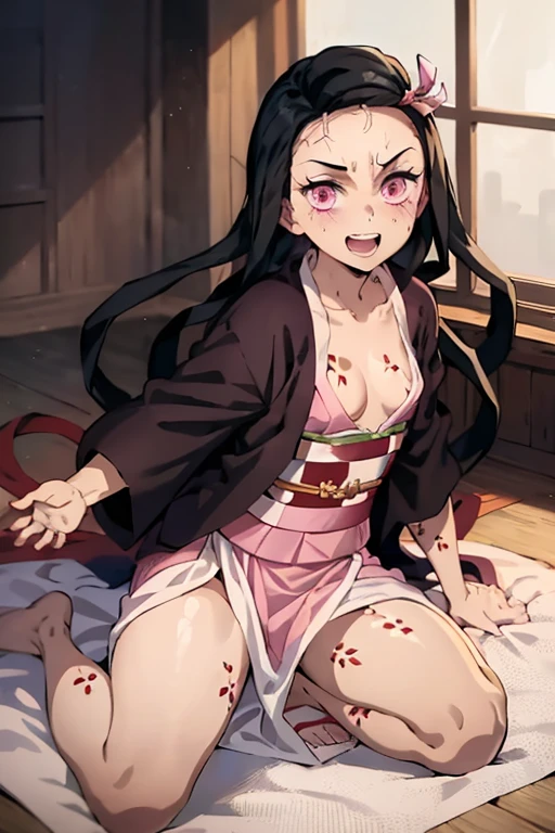 ((Best Quality)), ((masterpiece)), (be familiar with),  perfect face, indoor, bedroom,  watching viewers,
One woman, Kamado Nezuko,
 characters with open mouth ,  ecstatic expression, blush, smile,
Small breasts,  flat chest, Young girl, Lori,  kids,  girl,
Long Hair,  long hair,
Leg spread,